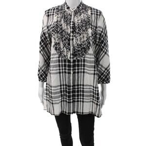Paper White Womens Black Linen Plaid Collared Tunic Button Up 3/4 Sleeve Size 6